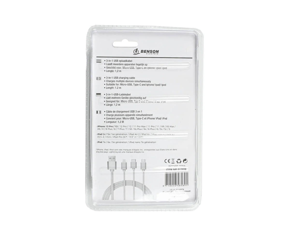 3-in-1 USB Kabel 1,2m - iPhone, Micro-USB, USB-C, Laad Meerdere Apparaat - Afbeelding 3