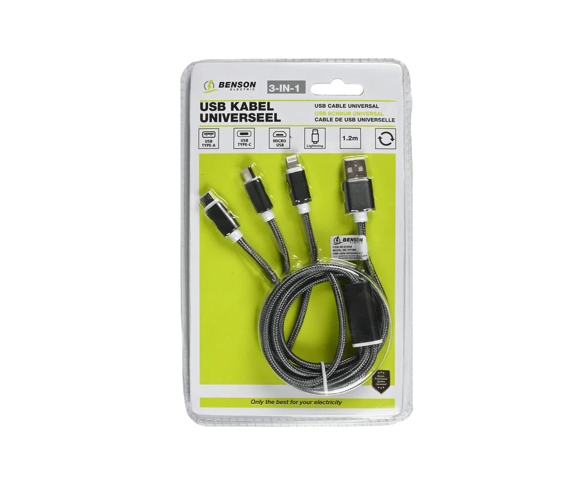 3-in-1 USB Kabel 1,2m - iPhone, Micro-USB, USB-C, Laad Meerdere Apparaat - Afbeelding 2