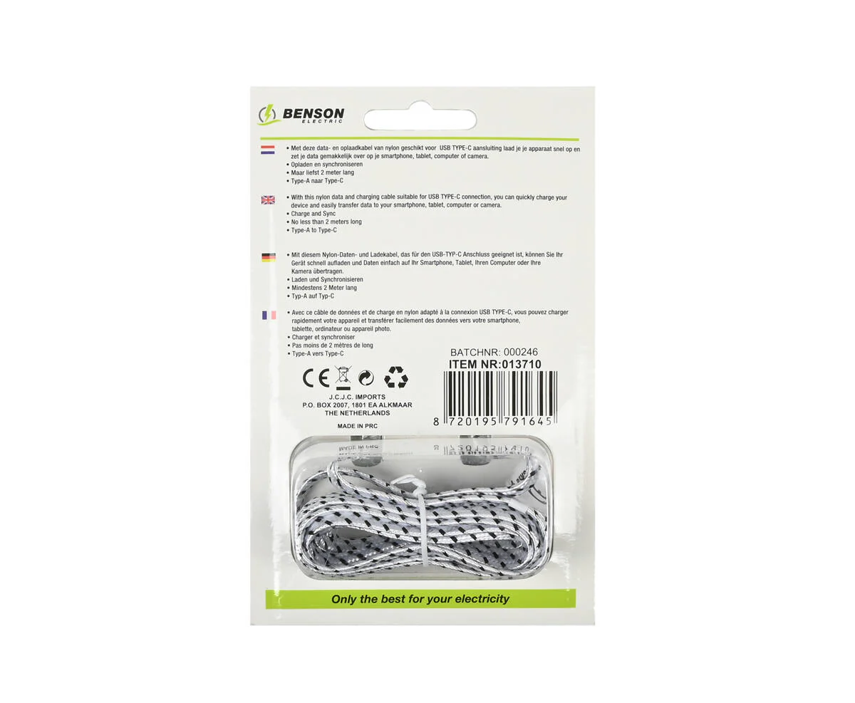 2m Nylon USB-C Kabel, 2.1A, 5V, voor Smartphones en Laptops - Afbeelding 3
